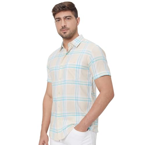 MUFTI Men Casual Shirt | Slim Fit Half Sleeve Point Collar Checked Pattern | 100% Cotton Breathable Fabric, Weekend Outings & Relaxed Style| Beige 6XL