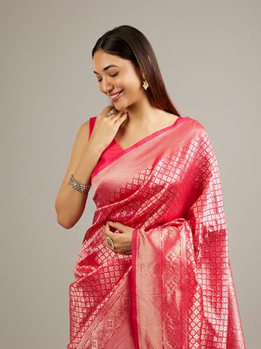 MOHEY Women's Art Silk Floral Buta Patterned Woven Saree with Blouse Piece(Rani)