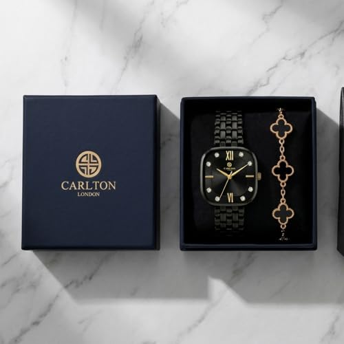 Carlton London Women’s Luxury Gift Set – Premium Square Black Dial Gold & Black Analog Watch and Four-Leaf Clover Charm Bracelet Combo Box | Ideal Anniversary, Birthday & Festive Gifting for Women