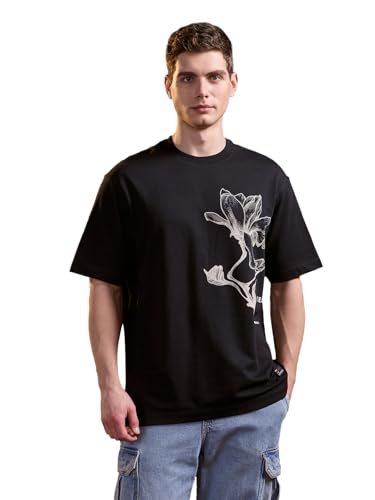 THE BEAR HOUSE Men's Black Pure Cotton Graphic Printed Oversize T-Shirt
