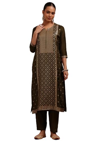 Soch Womens Green Russian Silk Zari Woven Kurta Set With Zari Woven