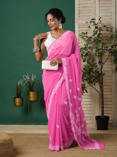 Ada Hand Embroidered Lucknow Chikan Faux Georgette Women's Chikan Saree With Blouse A130252 Pink