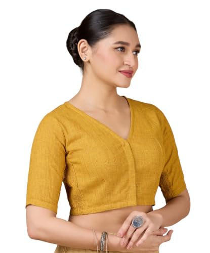 Studio Shringaar Women's Madras Handloom Cotton Side Stretchable (Smocked) Readymade Saree Blouse (Yellow, 46)