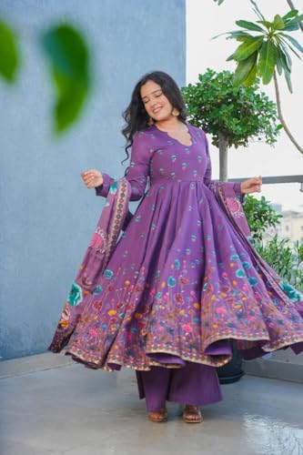 VARNI FABRICS: A lady's First Love Women's Floral Printed Anarkali Muslin Kurta Set With Dupatta, Full Sleeve, Ethnic Wear for Women (IN, Alpha, M, Regular, Purple)