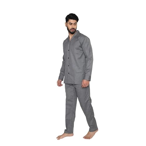 Tatwam FILAFIL Cotton RICHED with Polyester Mens Nightsuit with Fully Elastic Pajama and Buttoned Full Sleeve TOP Size-L,D.Grey