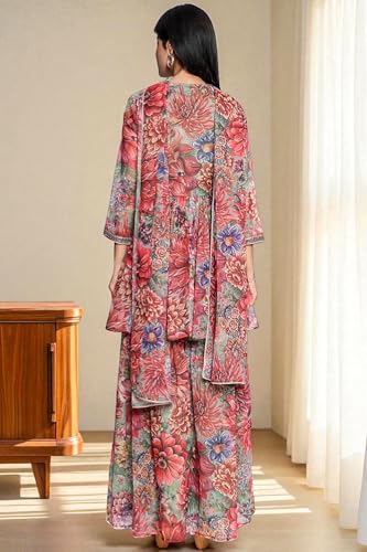 W for Woman Multicolour Printed Silver Chiffon Flared Kurta, Sharara and Dupatta Set (Size: L)-WS13199-126196