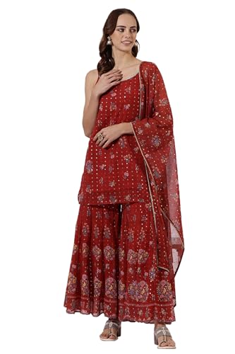 W Red Floral Printed Straight Kurta, Sharara Pant & Dupatta for Women (Size: L)-24AUWS12588-125772