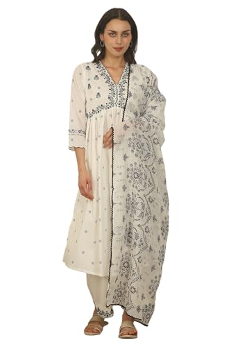 W for Woman White Printed Thread Embroidered Chanderi Kurta, Pants and Kota Dupatta (Size: S)-WS12713-125553