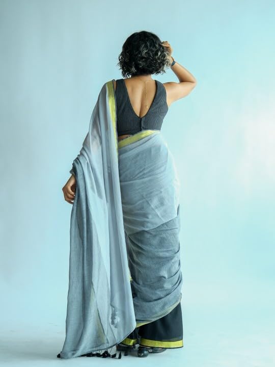 Suta Grey Charcoal Colorblock Cotton Saree