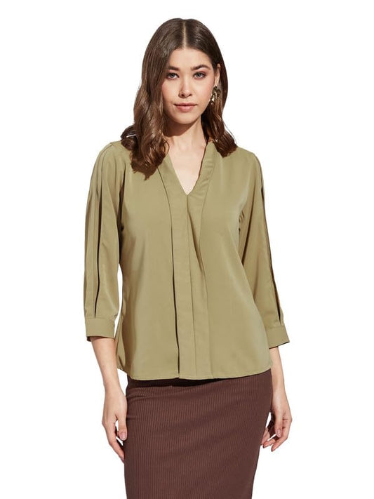 Latin Quarters Women Beige V-Neck 3/4th Sleeve Solid Top Blouse_M