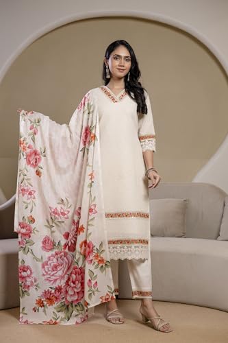 NIVANA Chikankari & Embroidered Kurta with Pant & Floral Printed Dupatta | M | Cream | V-Neck | 3/4 Sleeves