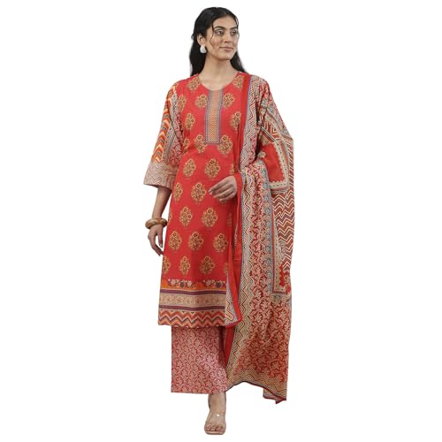 Biba Women Red Cotton Straight Suit Set_32