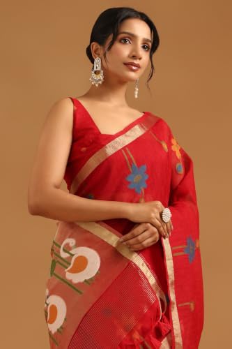 Soch Womens Red Tissue Botanical Zari Woven Saree
