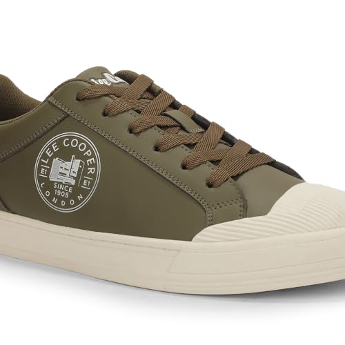 Lee Cooper Men's Olive Leather Sneakers – Lace-Up Casual Sports Shoes
