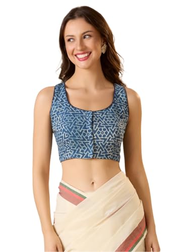 S SALWAR STUDIO Blue Cotton Ajrakh Halter Neck Sleeveless Readymade Blouse