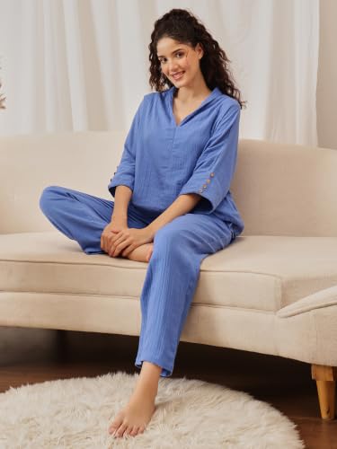 Clovia Solid V-Neck Long Top & Pyjama Set in Navy Colour (LS0772P08_Navy Blue_L)