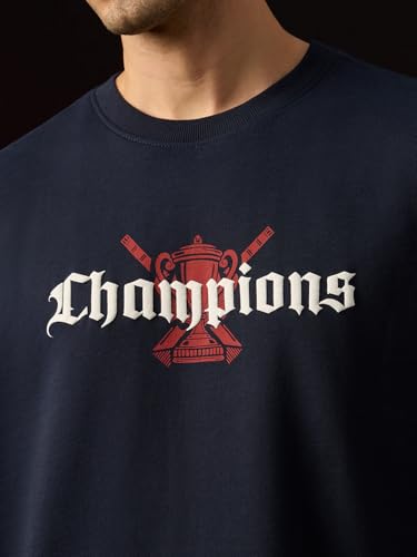 The Souled Store Champions Men and Boys Short Sleeves Round Neck Navy Blue Graphic Printed Cricket Graphic Casual Lightweight Drop Shoulder Streetwear Trendy Oversized T-Shirt