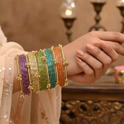 KAYASHA Multicolor-03 Kashmiri Ghangharoo Glass Bangle Set of 32 | Light Weight Traditional Transparent Fancy Chudi Set for Wedding, Party set of 32 (18 Glass + 14stone and Ghungroo Bangles)