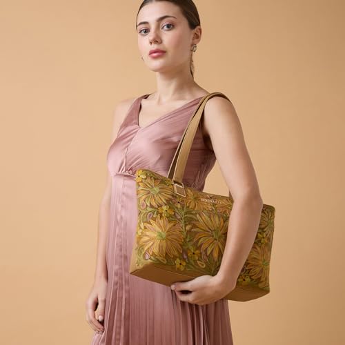 Caprese Siji Tresna Horizontal Medium Tote Bag for Women with Multiple Pockets | Kashida Embroidery Shoulder Bag | Fits Up to 15.6 Inch Laptop | Ideal for Work, Everyday Outings and Travel (Brown)