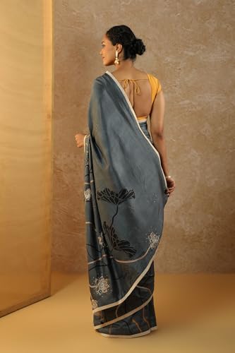Taneira Women Blue Pure Silk Hand Painted Saree with Unstitched Blouse Piece (SHH08D00041-Blue)