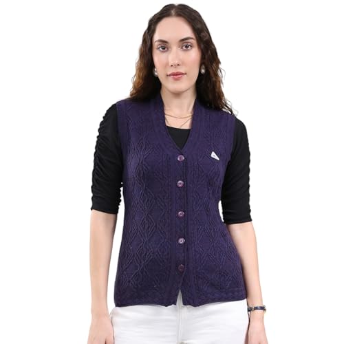 Monte Carlo Women's Regular Fit Self Design V Neck Sleeveless Cardigan| Warm Woolen Buttoned Sweater for Ladies | Stylish Knitted Cardigan for Women's Purple M