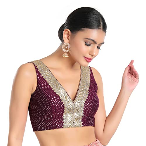 SALWAR STUDIO S Women's Wine Jain Silk Readymade Saree Blouse-SSB4322-WINE