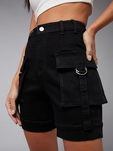 Dolce Crudo Women's Flared High Rise Regular Stretchable Denim Shorts (DOSS24DEN79-05-383-32, Slate Black, 32)
