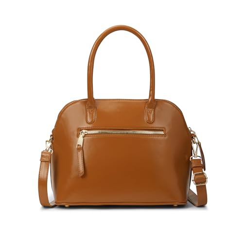 Caprese Macie Medium Satchel for Women | Textured Faux Leather Handbag with Adjustable & Detachable Strap | Stylish Shoulder Bag with Zipper Closure | Perfect Office, Travel & Everyday (Tan)