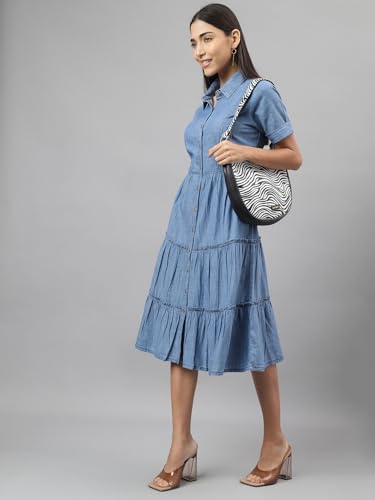 Latin Quarters Women Blue Denim Solid Knee-Length Shirt Dress with Collar Neck Half Sleeves and Button Closure in Cotton Viscose Fabric