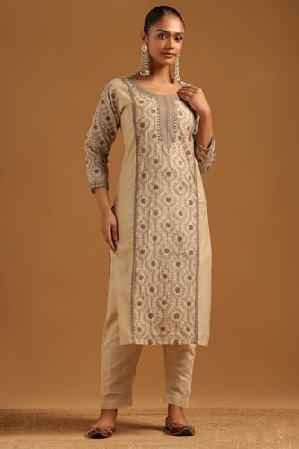 Soch Womens Beige Mul Chanderi Botanical Salwar Suit With Machine Embroidery and Thread Work