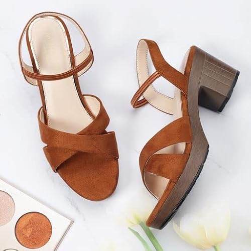 MONROW Maria Suede Leather Block Heels for Women, Brown, UK-6 | Fancy & Stylish Heel sandals, Casual, Comfortable Fashion Heel Sandal