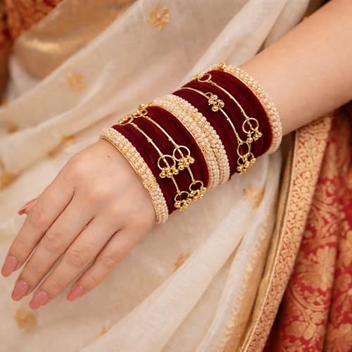 STREE STORE Gold Plated Chooda Set | Maroon Velvet Bangles, Beads & Kashmiri Ghunghri Design | Traditional Bridal Jewellery Set of 32 Bangles for Women | Premium Imitation Jewellery