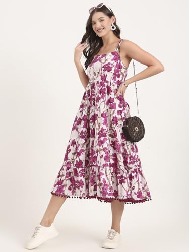 Divena Purple Printed Cotton Shoulder Strap Pompom Dress
