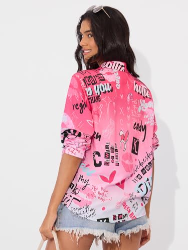 The Souled Store Official Mean Girls Originals: Burn Book Women & Girls Long Sleeve Collared Neck Button Down Regular Fit Cotton Shirts Pink