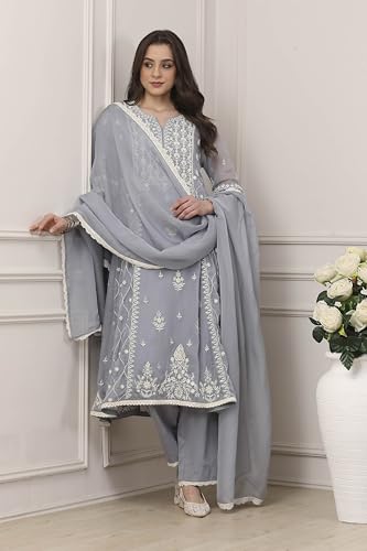 BIBA Solid Viscose Kalidar Festive Kurta With Palazzo and Dupatta