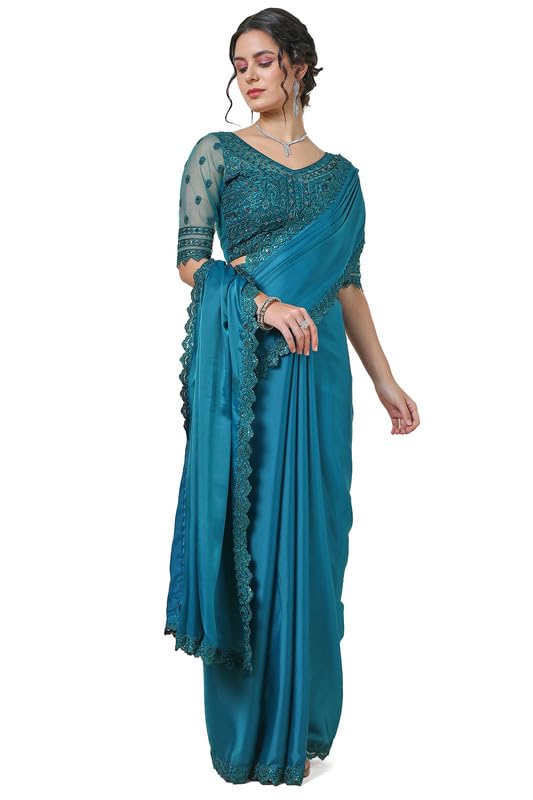 Soch Womens Teal Organza Saree with Sequin Lace Border