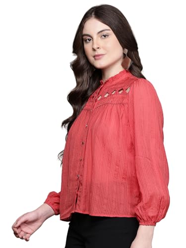 Label RITU KUMAR Red Emery Crew Neck Full Sleeves Shirt