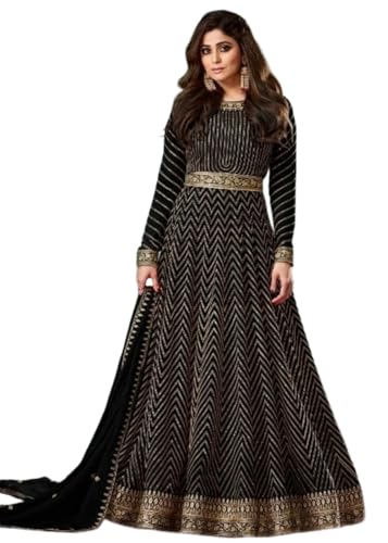 STEP N SHOP.COM Georgette Anarkali Gown with Dupatta Set, Embroidered, Wedding (ST06) (in, Alpha, S, Regular, Black)