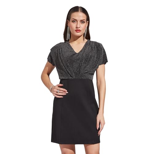 Latin Quarters Women Black Half Sleeves Casual Solid Dress_L