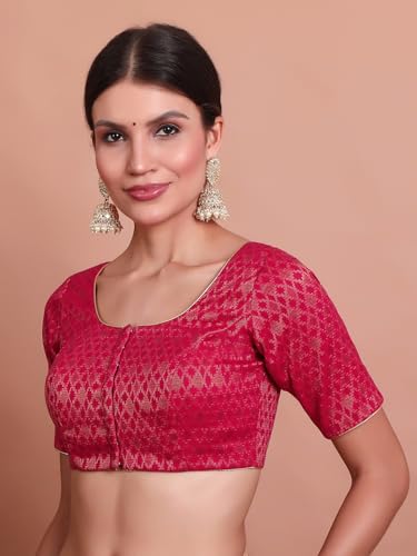 S SALWAR STUDIO Pink Brocade Round Neck Readymade Padded Blouse