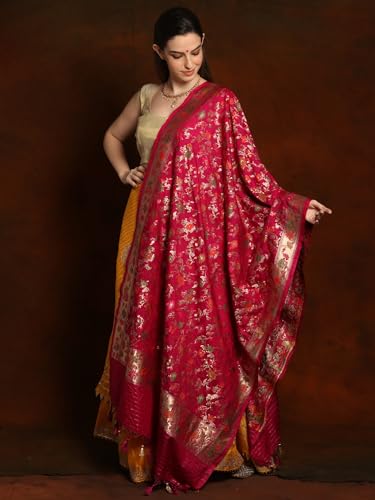 Exotic India Royal Banarasi Brocade Silk Dupatta with Striped Palla and Tassels - Art Silk - Color Fuscia Pink
