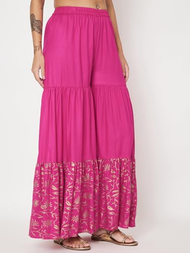 studio rasa Women's Cotton Blend Solid Tiered Sharara for Festive Casual Party(BTWC524RC01L_Pink_Large)