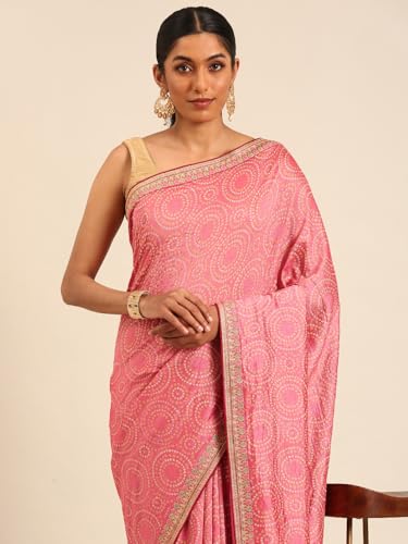 Panzora Women's Pink Vichitra Silk Saree With Unstitched Blouse Piece