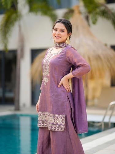 VARNI FABRICS: A lady's First Love Women's Purple Silk Blend Embroidered Straight Kurta Set With Palazzo And Dupatta