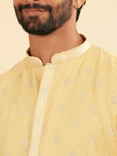 Manyavar Men's Cotton Blend Self Design Festive Kurta Set (Yellow,S)