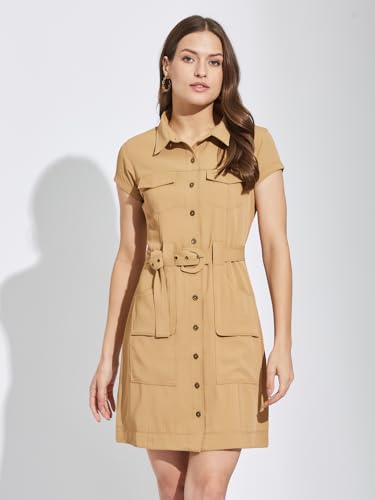 Latin Quarters Women Beige Collar Neck Cap Sleeves Solid Above Knee Shirt Dress for Casual Wear_L