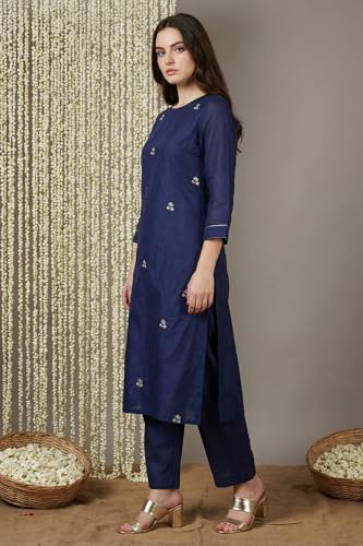 W for Woman Navy Blue Zari Chanderi Straight Kurta with Straight Pant and Dupatta Set - (WSST19985-213192-XS)