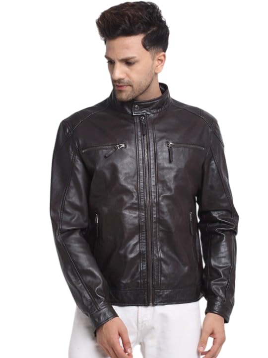 TEAKWOOD LEATHERS Men's Genuine Leather Jacket Latest Stylish Men Leather Jackets | Casual Office & Biker's Choice | Dark Brown | L