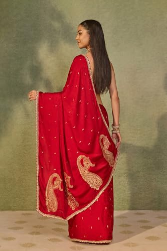 Taneira Red Viscose Satin Embroidered SareeWith Unstitched Blouse(SAPP03AD6702-Red)
