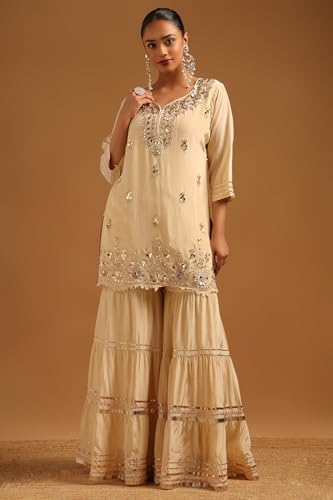 Soch Womens Cream Tissue Floral Printed Salwar Suit With Mirror Work